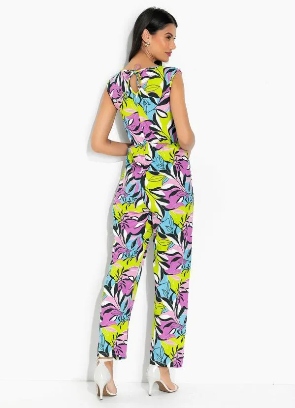 Moda Pop - Macacão Folhagem Verde com Decote V e Amarração 2