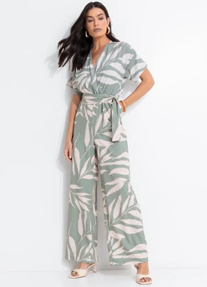 Quintess - Macacão Folhagem Verde em Tecido Plano Creponado - QUINTESS