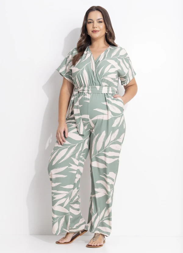 Quintess - Macacão Folhagem Verde em Tecido Plano Creponado