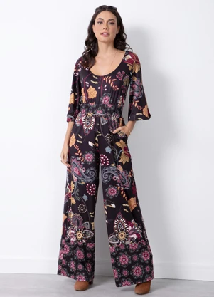 Quintess - Macacão Folk Dark com Mangas Evasê - QUINTESS