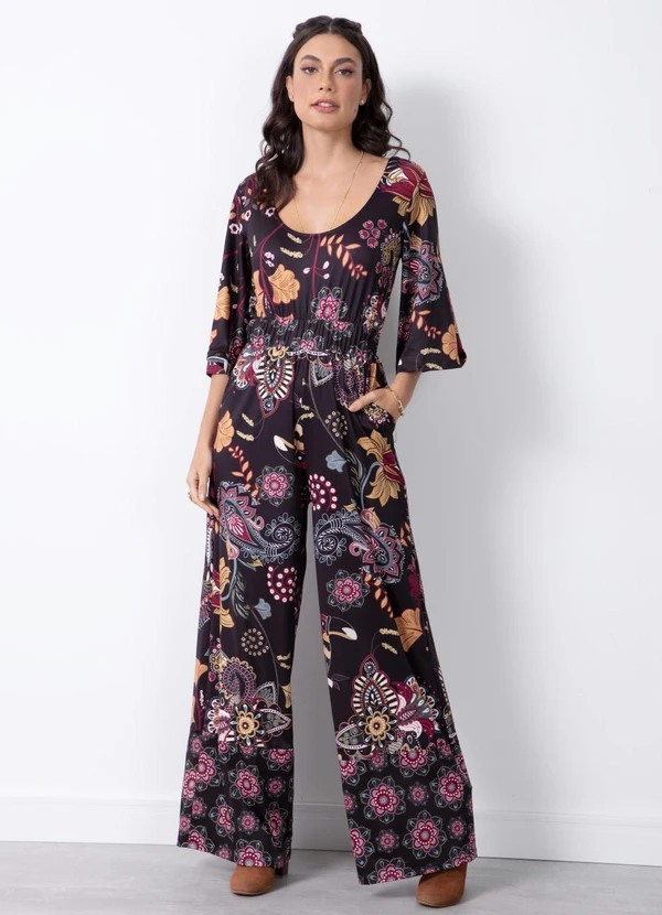 Quintess - Macacão Folk Dark com Mangas Evasê