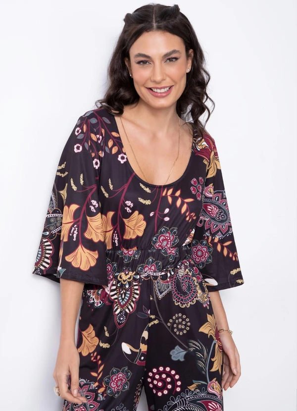 Quintess - Macacão Folk Dark com Mangas Evasê 2