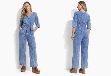 Macaco Jeans Cintura Ajustvel e Bolsos