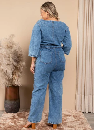 Quintess - Macacão Jeans Cintura Ajustável e Bolsos - QUINTESS
