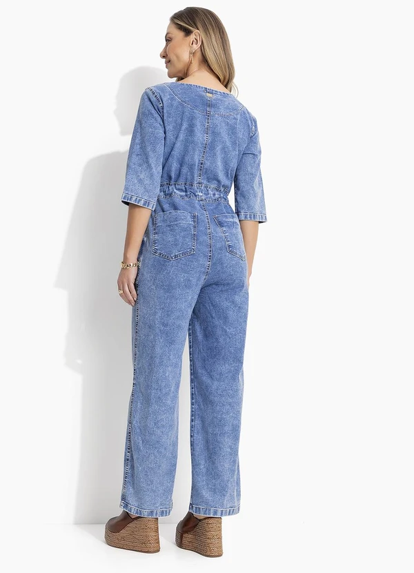 Quintess - Macacão Jeans Cintura Ajustável e Bolsos 2