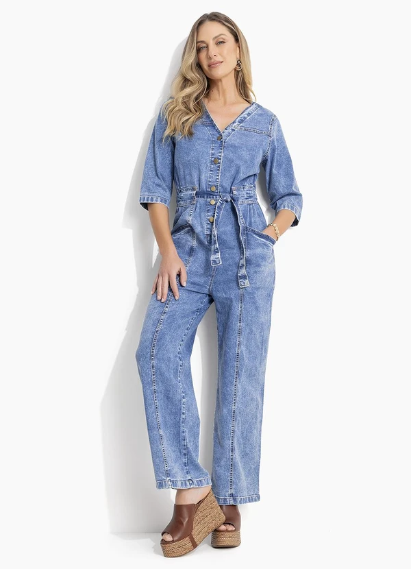 Quintess - Macacão Jeans Cintura Ajustável e Bolsos 5