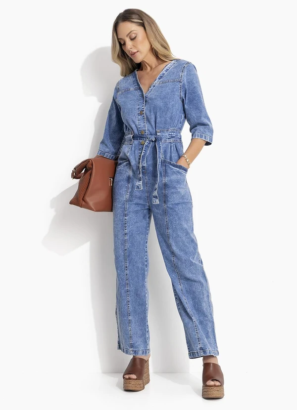 Quintess - Macacão Jeans Cintura Ajustável e Bolsos 6