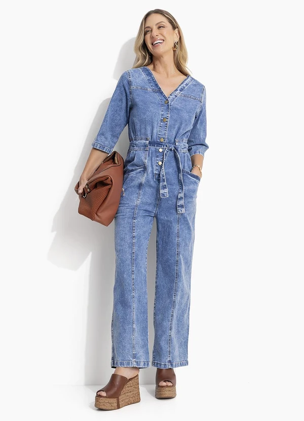 Quintess - Macacão Jeans Cintura Ajustável e Bolsos 7