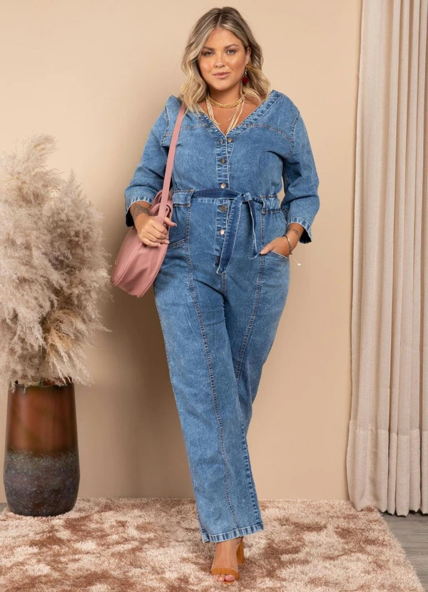 Quintess - Macacão Jeans Cintura Ajustável e Bolsos 9