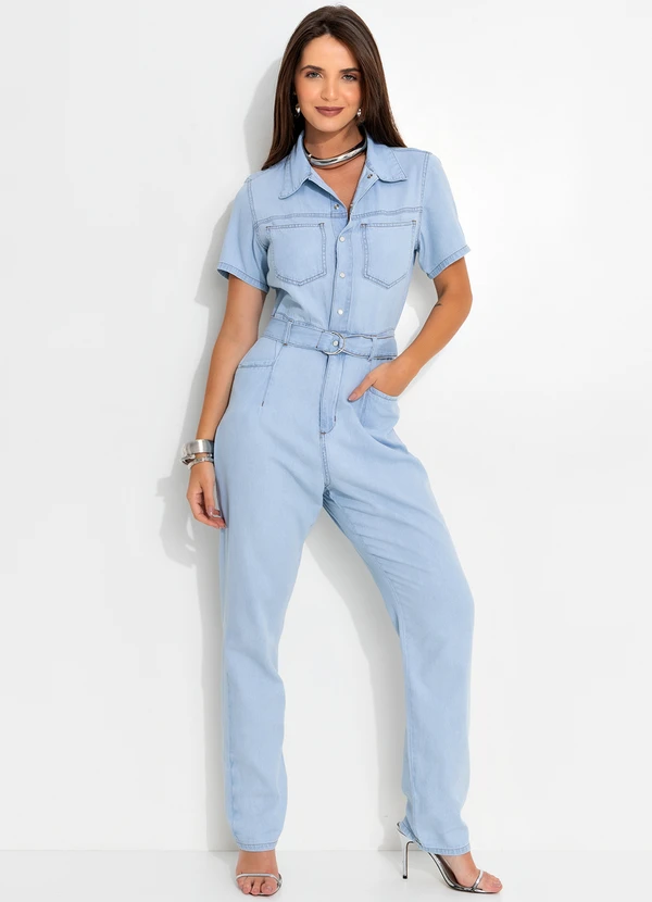 Quintess - Macacão Jeans Claro 100% Algodão com Cinto e Bolsos Utilitários 3