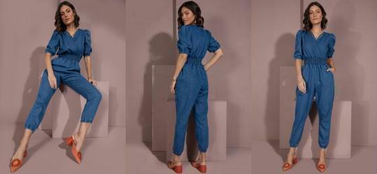 Macaco Jeans Mdio Decote Transpassado e Bolsos