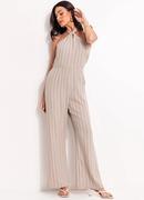 Macacão Listrado Bege em Poliéster