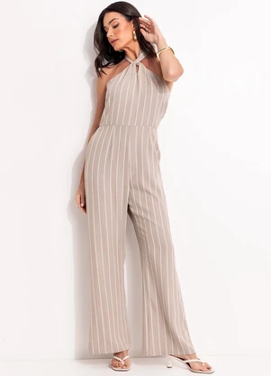 Quintess - Macacão Listrado Bege em Poliéster - QUINTESS