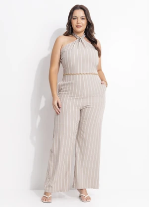 Quintess - Macacão Listrado Bege em Poliéster - QUINTESS