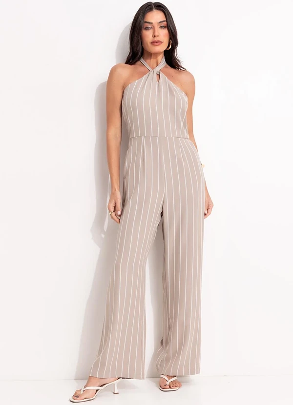 Quintess - Macacão Listrado Bege em Poliéster 6