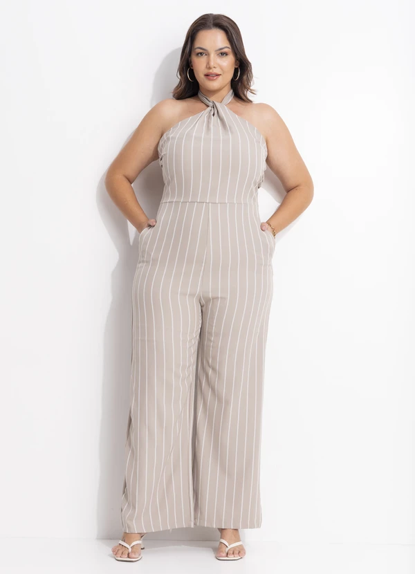 Quintess - Macacão Listrado Bege em Poliéster 9