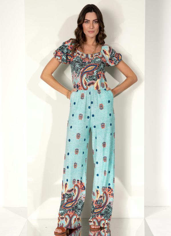 Quintess - Macacão Longo Barrado Verde com Mangas Bufantes 3