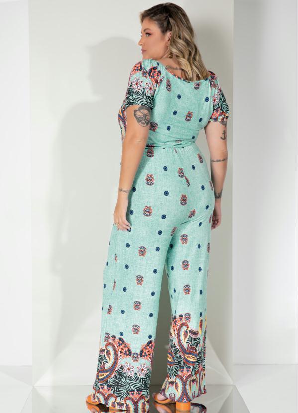 Quintess - Macacão Longo Barrado Verde com Mangas Bufantes 5