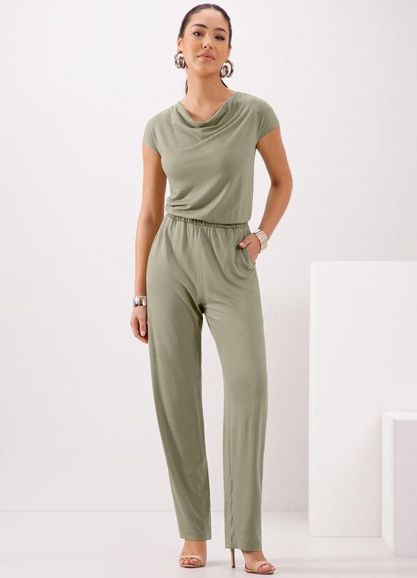 Lunender - Macacão Longo com Bolso e Decote Degagê Verde