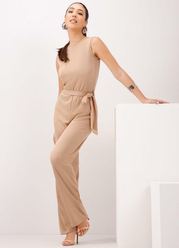 Lunender - Macacão Longo com Bolsos em Malha Tricô Bege