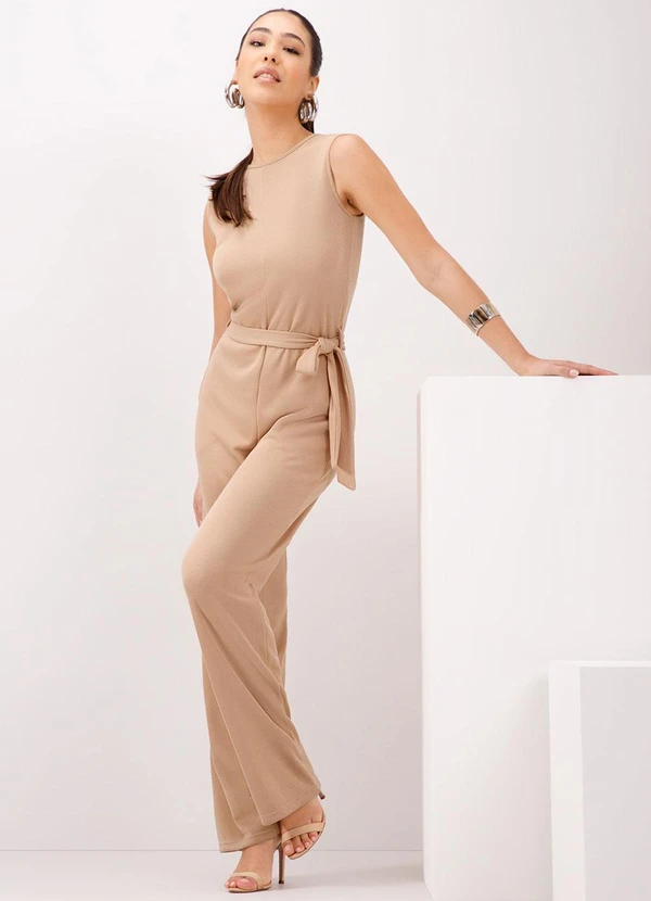 Lunender - Macacão Longo com Bolsos em Malha Tricô Bege