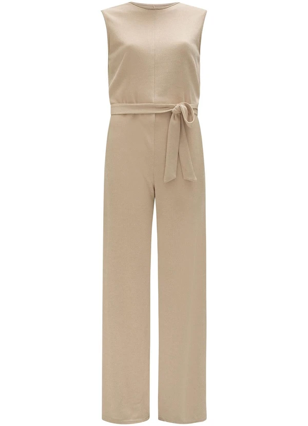 Lunender - Macacão Longo com Bolsos em Malha Tricô Bege 3