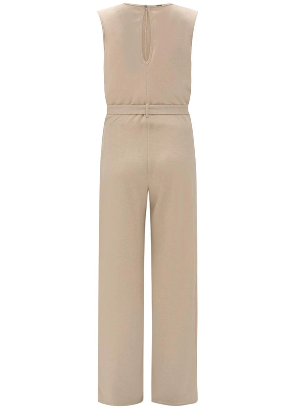 Lunender - Macacão Longo com Bolsos em Malha Tricô Bege 4