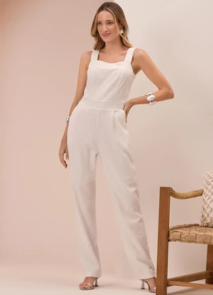 Lunender - Macacão Longo de Alças em Tecido Branco - LUNENDER