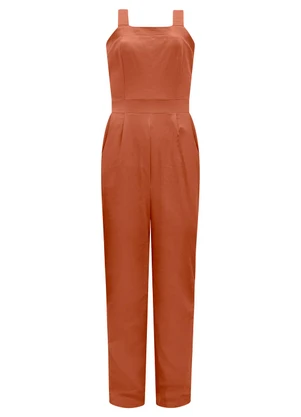 Lunender - Macacão Longo de Alças em Tecido com Linho Bege - LUNENDER