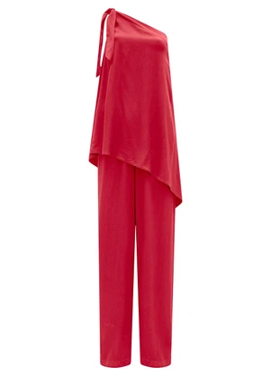 Lunender - Macacão Longo de um Ombro Só Vermelho - LUNENDER