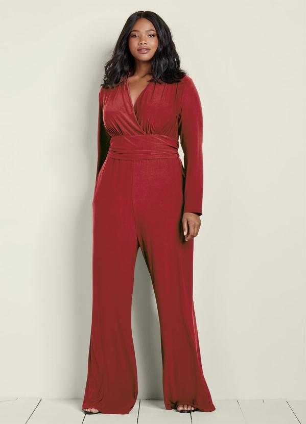 bonprix - Macação Longo Decote Transpassado Bordô 5