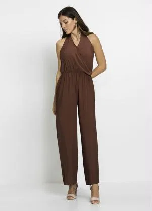 bonprix - Macacão Longo Decote Transpassado Marrom Escuro - BONPRIX