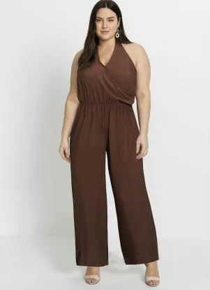 bonprix - Macacão Longo Decote Transpassado Marrom Escuro - BONPRIX