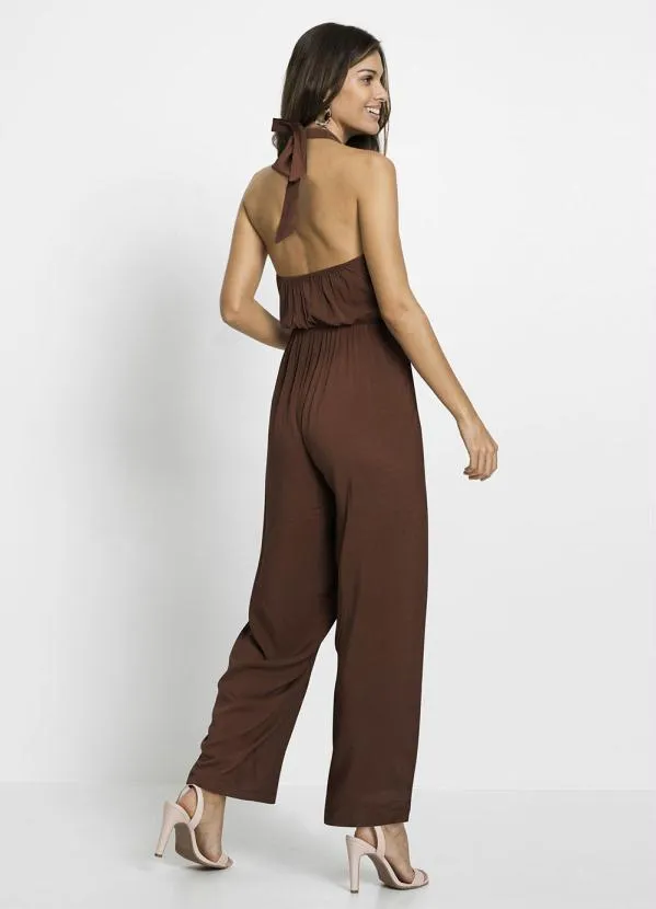 bonprix - Macacão Longo Decote Transpassado Marrom Escuro 2