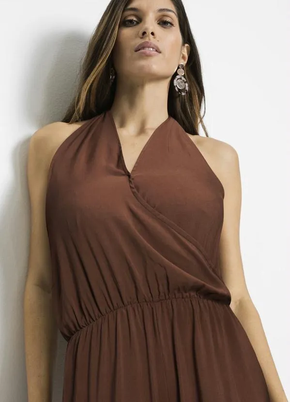 bonprix - Macacão Longo Decote Transpassado Marrom Escuro 5