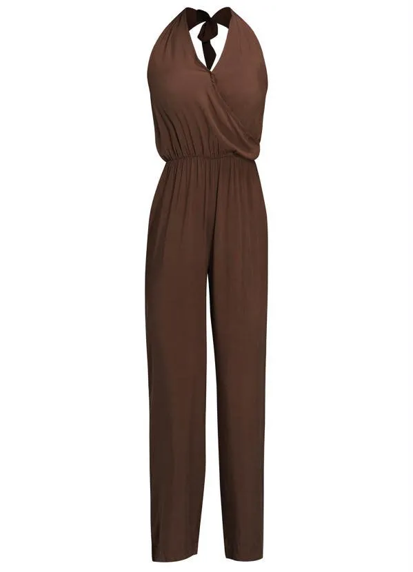 bonprix - Macacão Longo Decote Transpassado Marrom Escuro 6