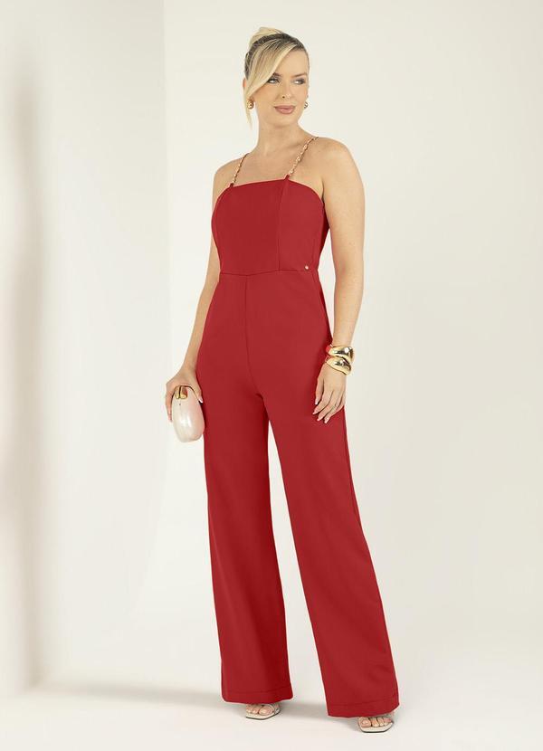 Gris - Macacão Longo em Tecido Alfaiataria Vermelho