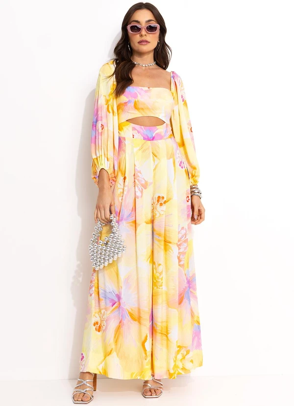 Farm - Macacão Longo em Viscose Amarelo