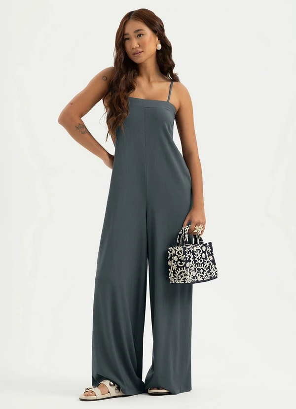 Cativa - Macacão Longo em Viscose Cinza Escuro