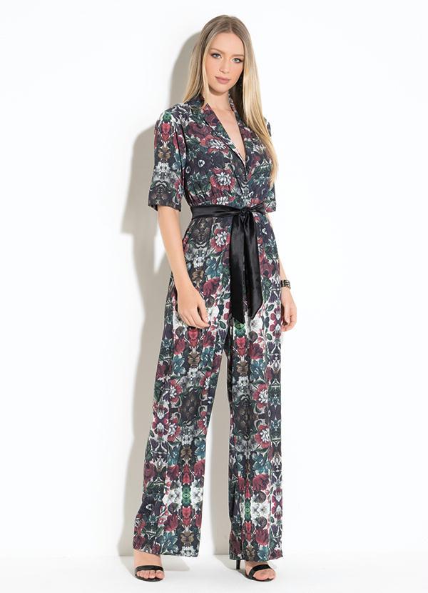 Quintess - Macacão Longo Floral Verde com Faixa 2