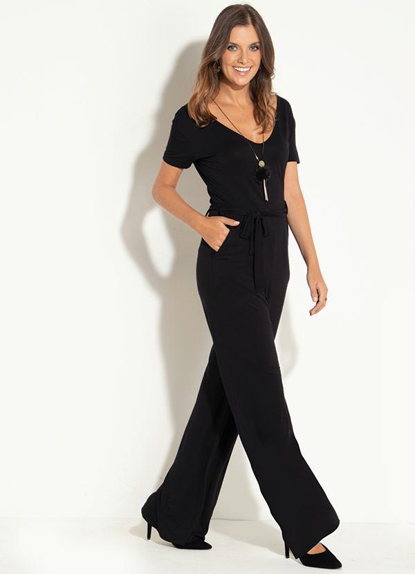 Quintess - Macacão Longo Preto com Faixa na Cintura 2