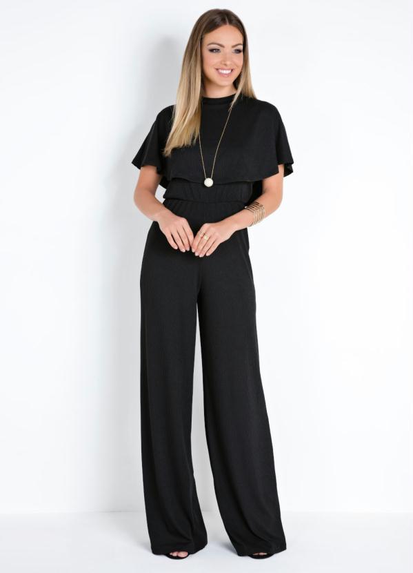 Quintess - Macacão Longo Preto com Manga Poncho