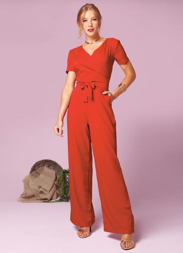 Quintess - Macacão Longo Vermelho com Ajuste na Cintura