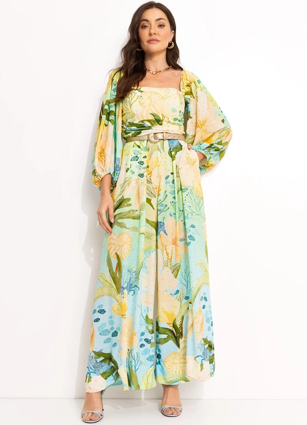 Farm - Macacão Manga em Viscose Verde