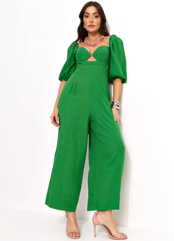 Farm - Macacão Mangas Pesponto Viscolinho Verde