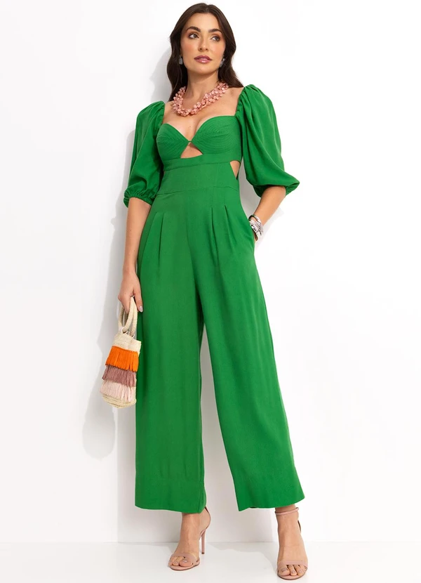 Farm - Macacão Mangas Pesponto Viscolinho Verde 3