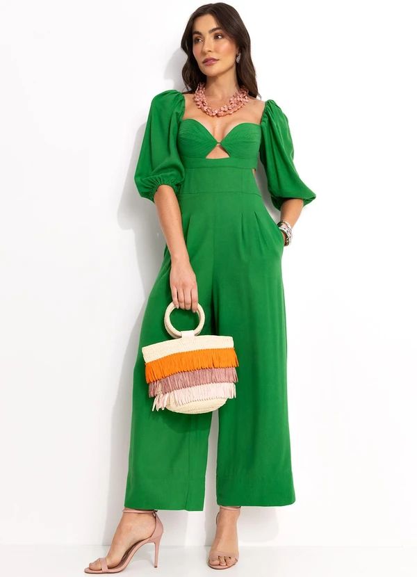 Farm - Macacão Mangas Pesponto Viscolinho Verde 4