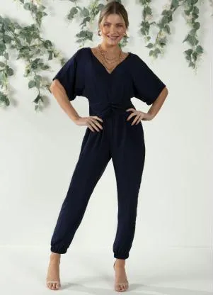 Quintess - Macacão Marinho com Sobreposição Drapeada - QUINTESS