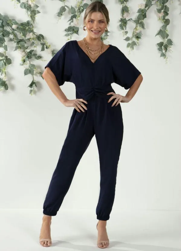 Quintess - Macacão Marinho com Sobreposição Drapeada