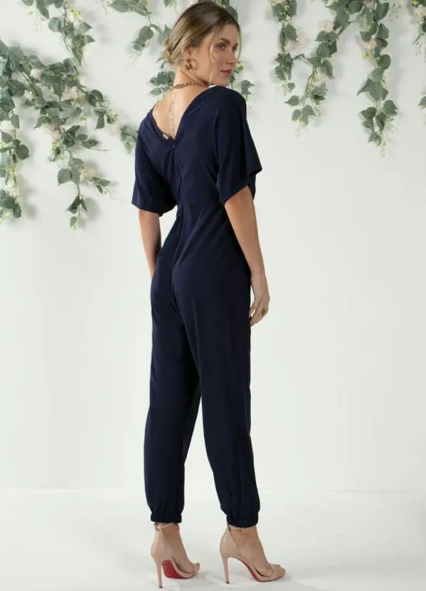 Quintess - Macacão Marinho com Sobreposição Drapeada 2